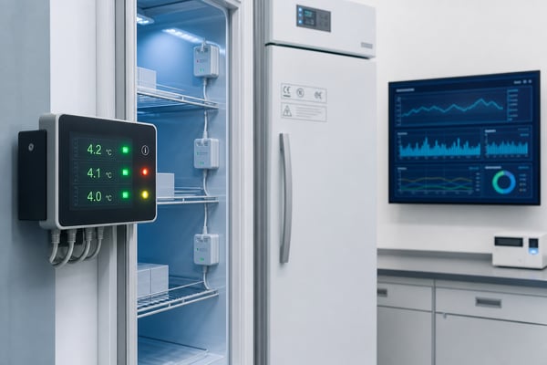 Refrigerator alarm and temperature monitoring control unit in a laboratory