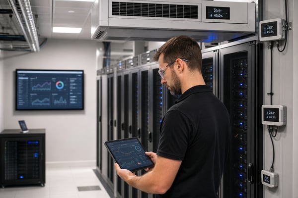 Technician monitoring server room temperature and humidity levels with sensors and climate control displays