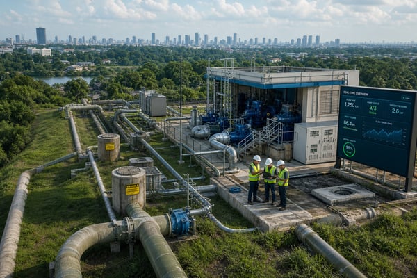 Aerial view of a modern wastewater treatment and sewerage facility with engineers and monitoring equipment