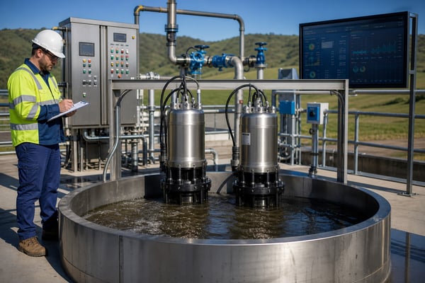 Technician inspecting a wastewater booster station with submersible pumps and SCADA monitoring display