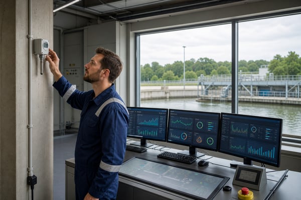 Technician checking a humidity sensor in a wastewater treatment plant control room