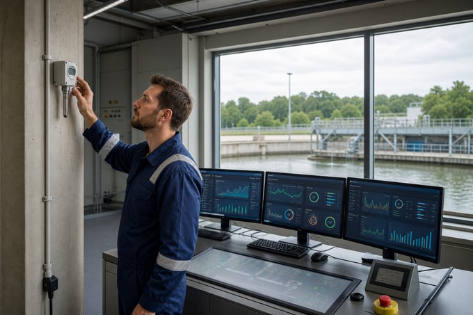 Technician checking a humidity sensor in a wastewater treatment plant control room