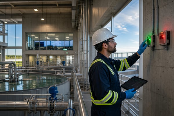 Operator inspecting CO sensors at a wastewater treatment facility