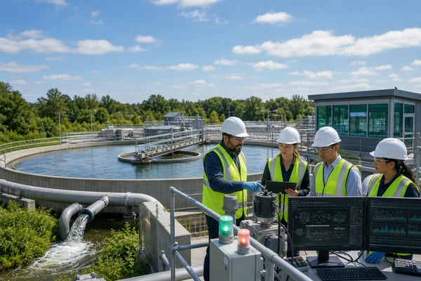 Operations team reviewing monitoring screens at a wastewater treatment plant
