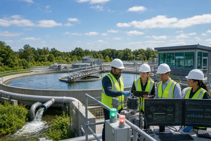 Operations team reviewing monitoring screens at a wastewater treatment plant