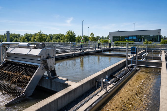 Primary wastewater treatment facility with rectangular sedimentation tanks for first-stage water purification