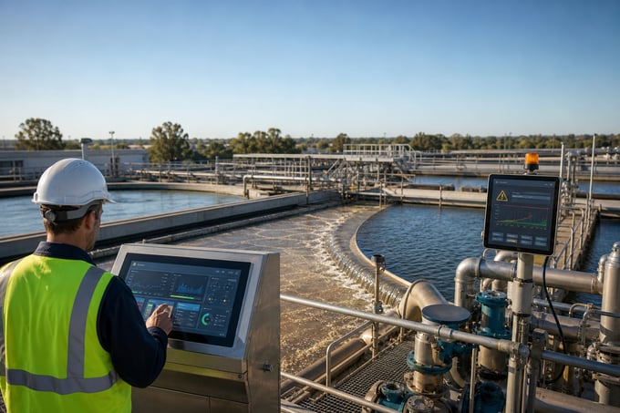 Operator reviewing sedimentation basin data on a remote monitoring panel at a wastewater treatment plant