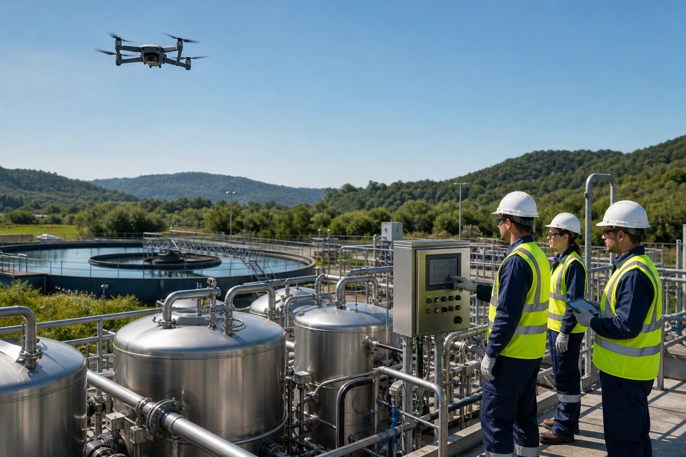 Wastewater treatment facility with technicians monitoring stainless steel tanks and wireless telemetry equipment