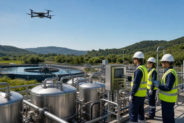 Wastewater treatment facility with technicians monitoring stainless steel tanks and wireless telemetry equipment