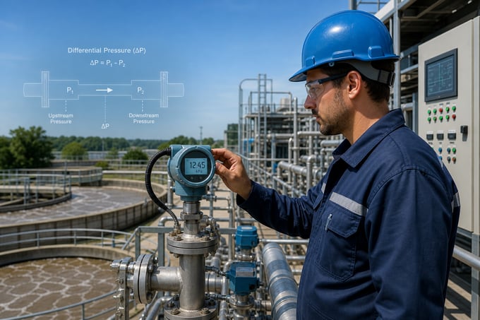 Operator checking a differential pressure gauge at a wastewater treatment plant