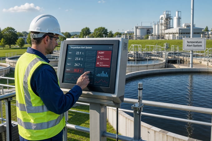 Operator checking a temperature alert monitoring panel at a wastewater treatment plant