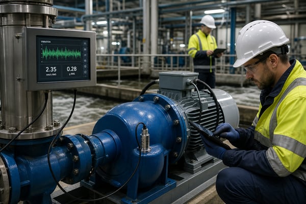 Technician checking a vibration sensor on a pump in a wastewater facility