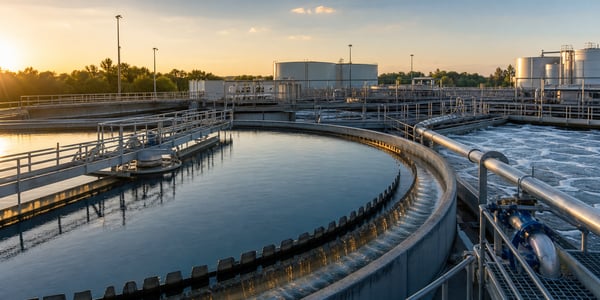 Circular clarifier tanks and aeration basins at a modern municipal wastewater treatment plant