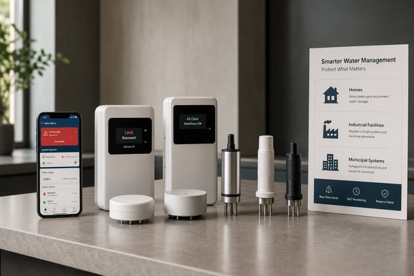 Modern water alarm systems and smartphone monitoring app for property water damage protection
