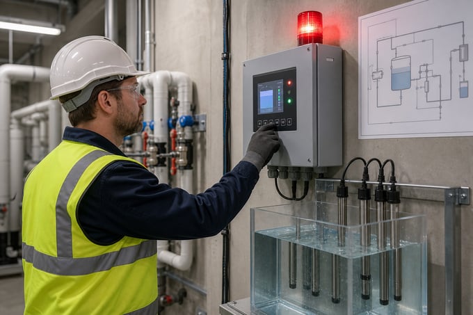 Technician at a water sensor alarm control panel with an active alarm beacon