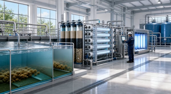 Modern water purification facility with sedimentation tanks, sand and membrane filtration units, and monitoring systems