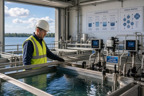 Technician inspecting coagulant dosing and monitoring equipment at a water treatment facility