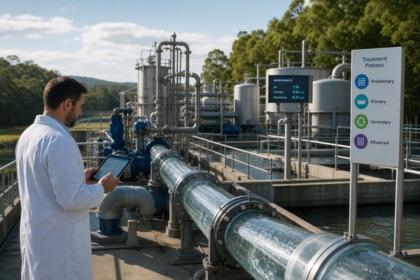 Modern water treatment facility with filtration tanks and a technician inspecting process equipment