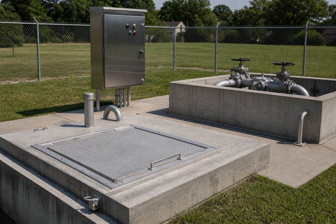 Municipal wastewater lift station with wet well hatch, control panel cabinet and valve piping behind a chain link fence