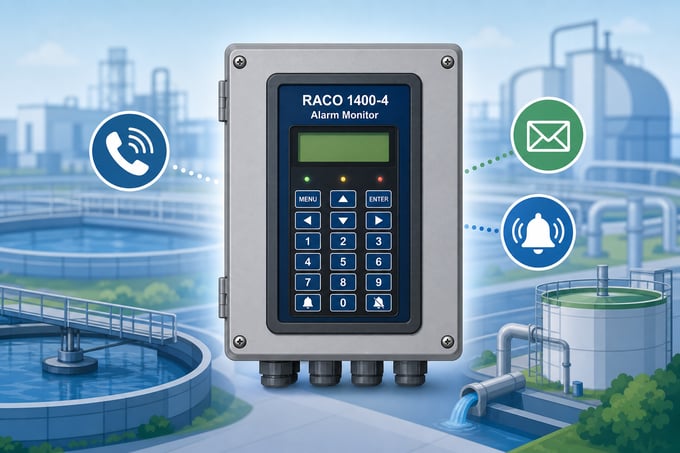 RACO 1400-4 alarm monitor with phone and alarm notification icons at a water treatment facility