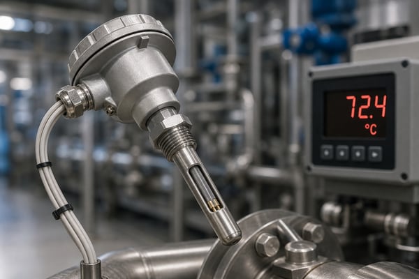 RTD temperature sensor in an industrial pipe with a digital temperature readout