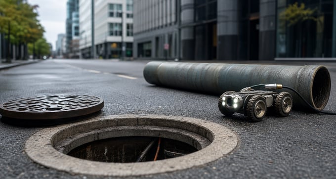 Open manhole with sewer pipe sections and a CCTV inspection crawler on a city street