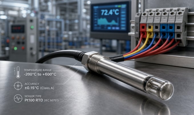 Industrial RTD temperature probe with terminal block wiring and a digital temperature readout