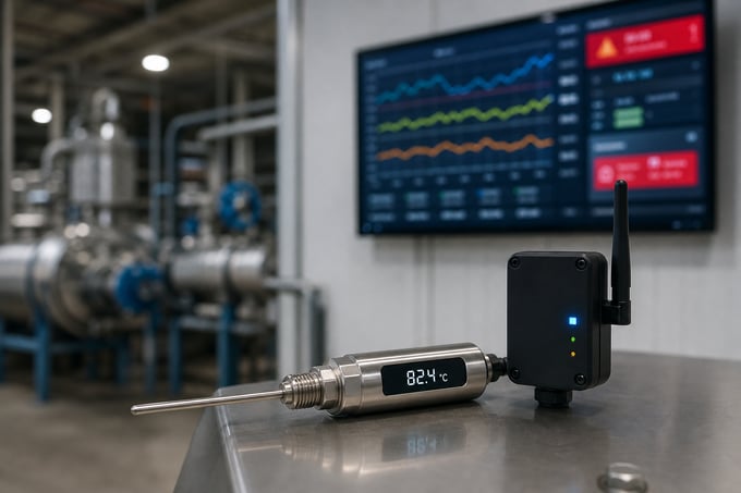 Wireless temperature probe and transmitter in an industrial facility with a remote monitoring dashboard on screen
