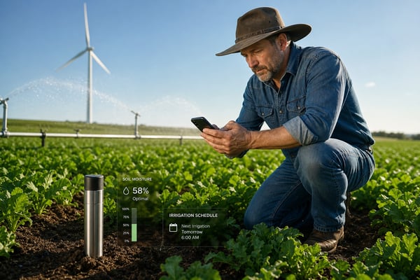 Soil moisture sensor in a field with an operator viewing live readings on a phone