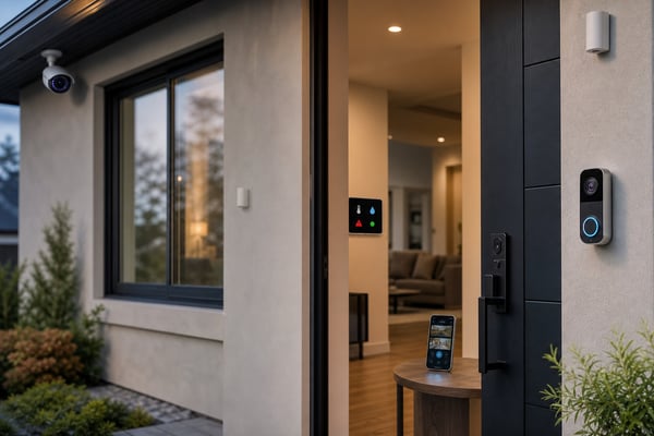 Modern home entrance with smart doorbell camera and mobile app house monitoring system