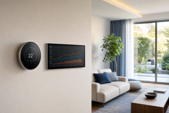 Smart home thermostat and wall-mounted temperature display in a bright modern living room