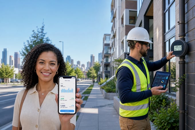 Water utility worker inspecting a smart AMI meter while a customer views usage data on a smartphone app