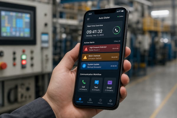 Hand holding a smartphone running an auto dialer alert app in an industrial facility