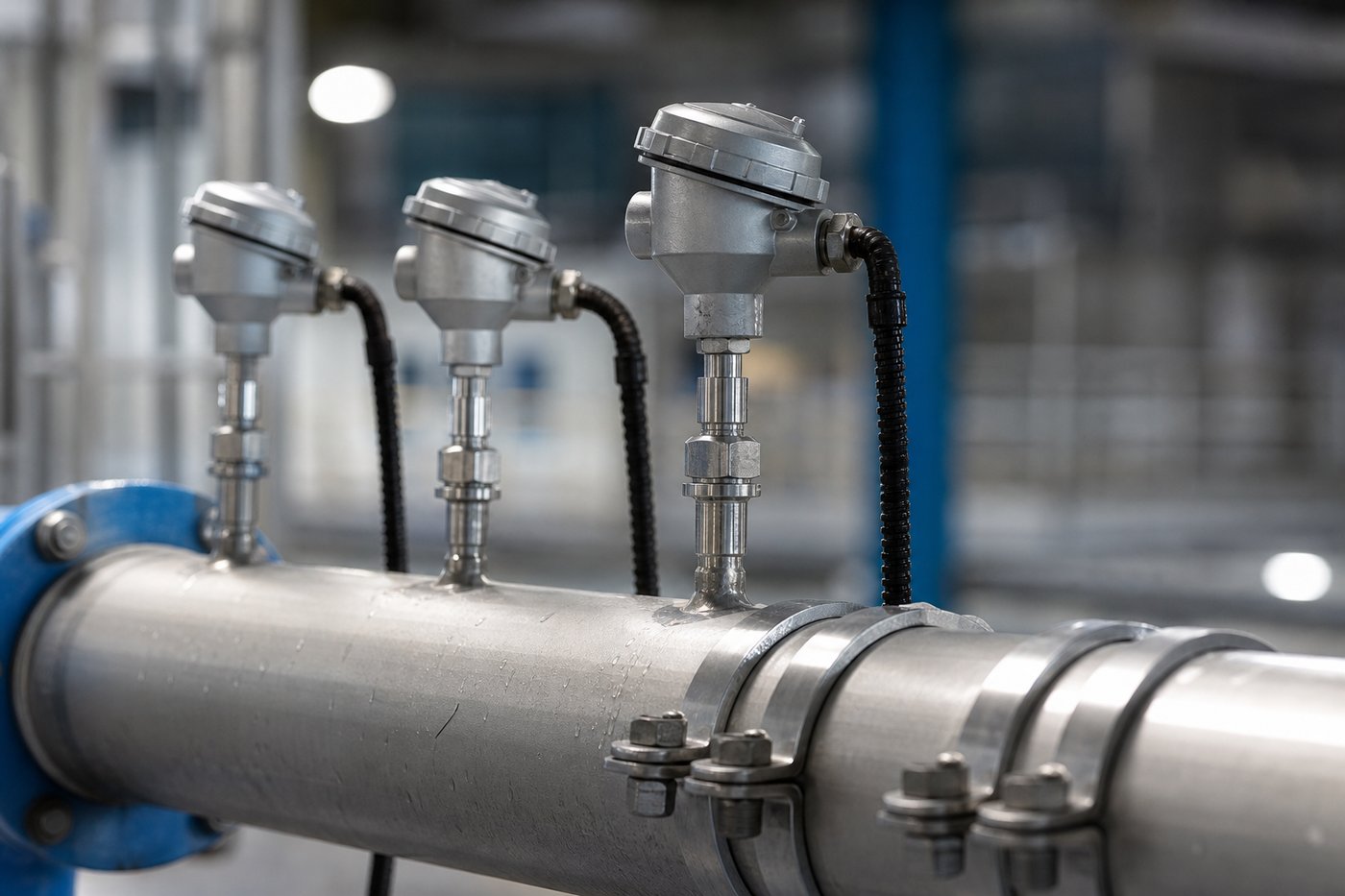 Stainless steel temperature sensor probes and RTD thermowells installed in process piping at a water treatment facility