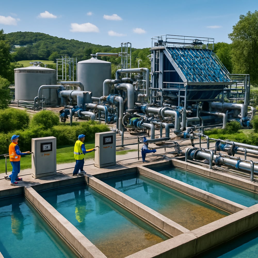 Water treatment facility with rectangular settling basins for sediment removal and water purification