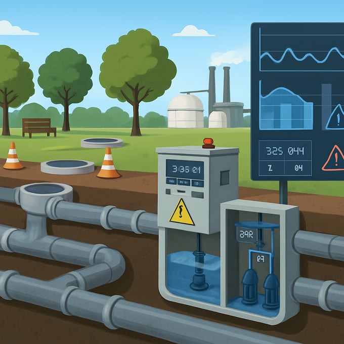 Municipal sewer system with underground pipes, control panels, and monitoring equipment