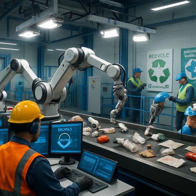 Modern recycling facility with robotic sorting arms and AI-powered cameras sorting recyclable materials on conveyor belts