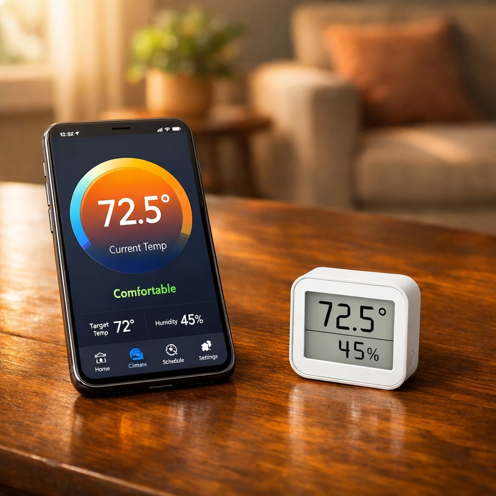 Smartphone app displaying room temperature of 72.5 degrees next to a wireless temperature and humidity sensor on a table