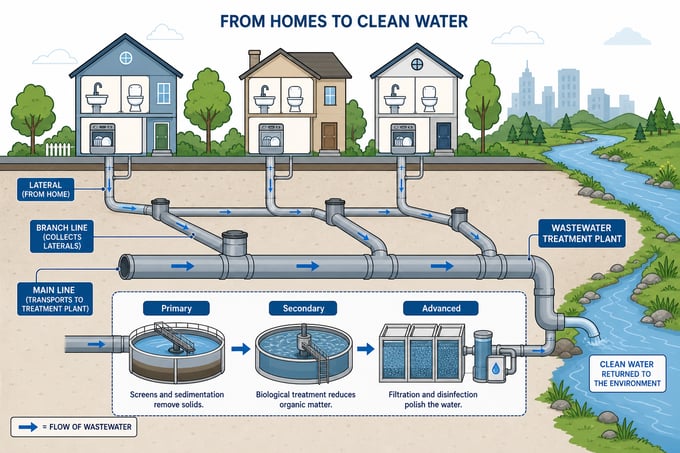 Infographic showing the journey of water from homes through the wastewater treatment process to clean water