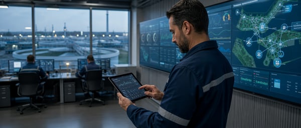 Technician monitoring a cloud-based remote monitoring and alarm dashboard in a water facility control room
