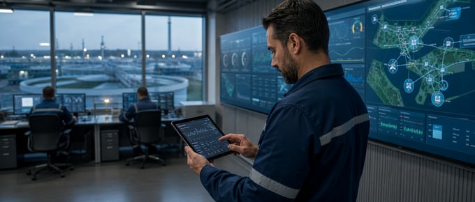 Technician monitoring a cloud-based remote monitoring and alarm dashboard in a water facility control room