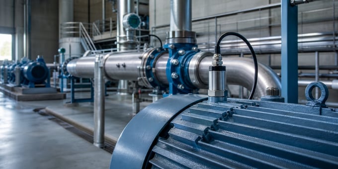 Vibration sensor mounted on an industrial pump motor inside a wastewater lift station
