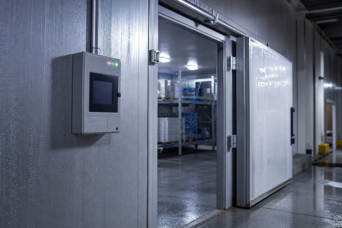 Cold storage facility hallway with a wall-mounted freezer temperature alarm monitoring panel