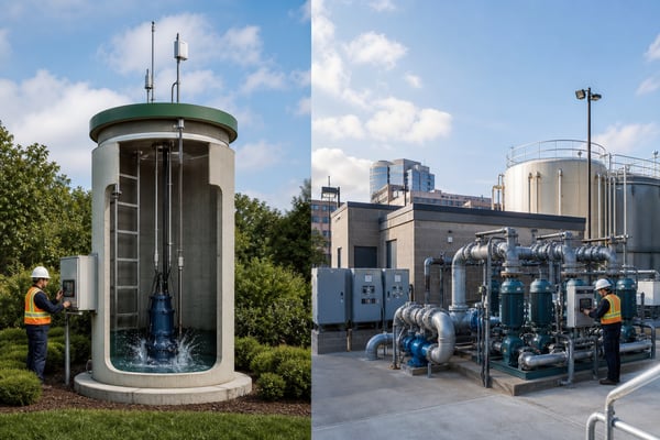 Side-by-side comparison of a wastewater lift station and pump station with pumps and control panels