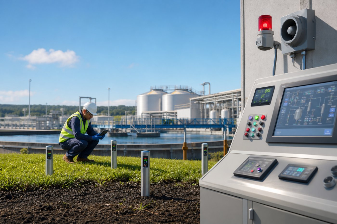 Technician checking soil humidity sensors at a wastewater treatment facility with monitoring control panel