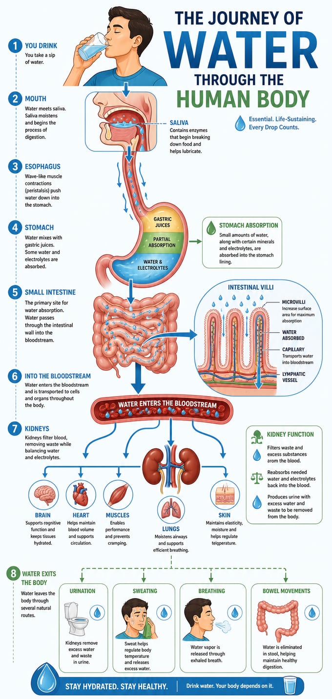 Infographic showing the journey of water through the human body