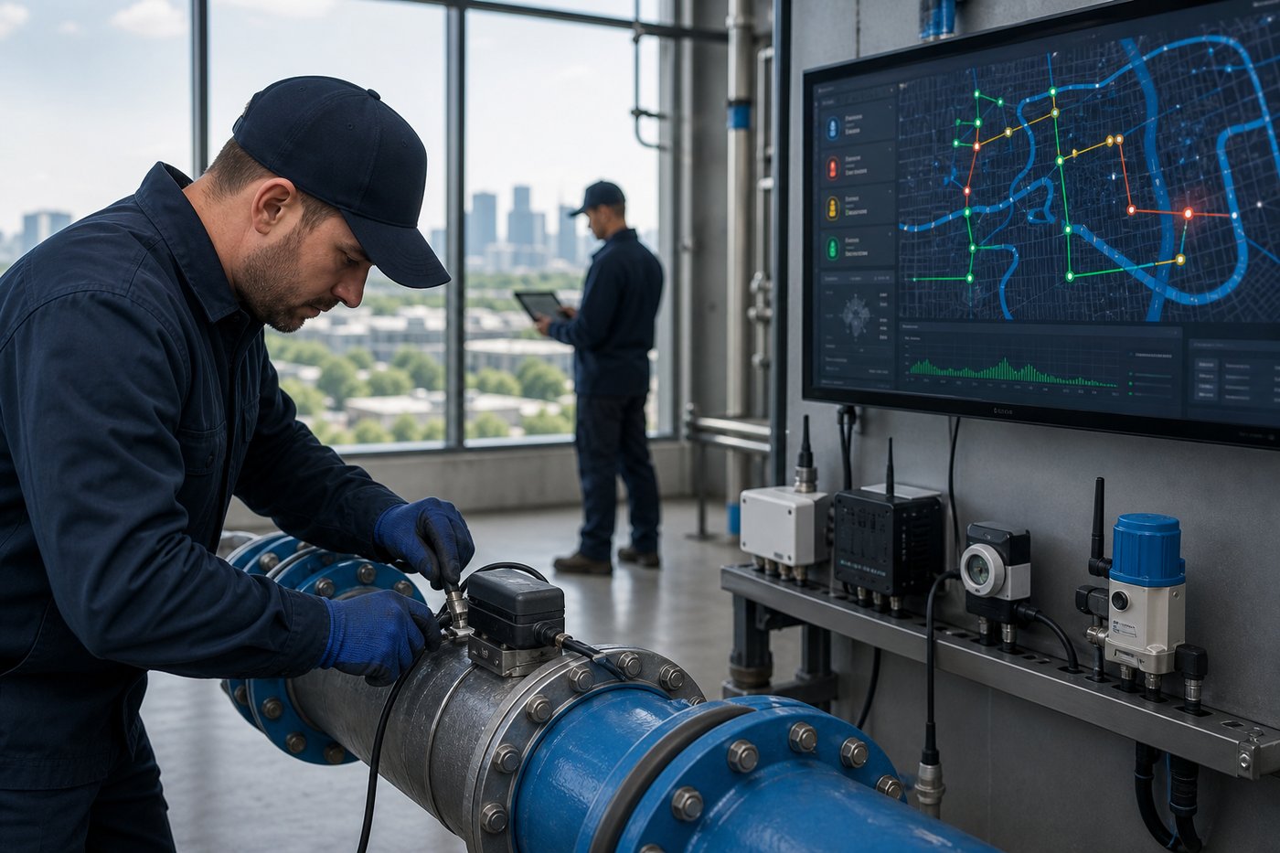 Technician using a water leak detection system to monitor municipal water pipes at a utility facility