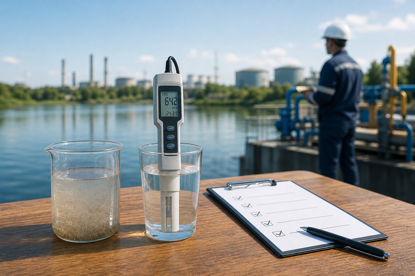 TDS meter probe measuring total dissolved solids in a glass of water at a water treatment facility