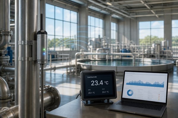 Wireless temperature sensor with digital display and live readings in a water treatment facility