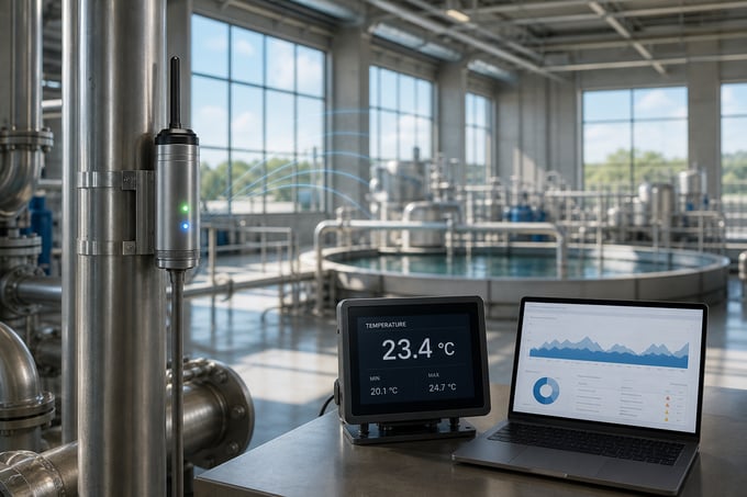 Wireless temperature sensor with digital display and live readings in a water treatment facility